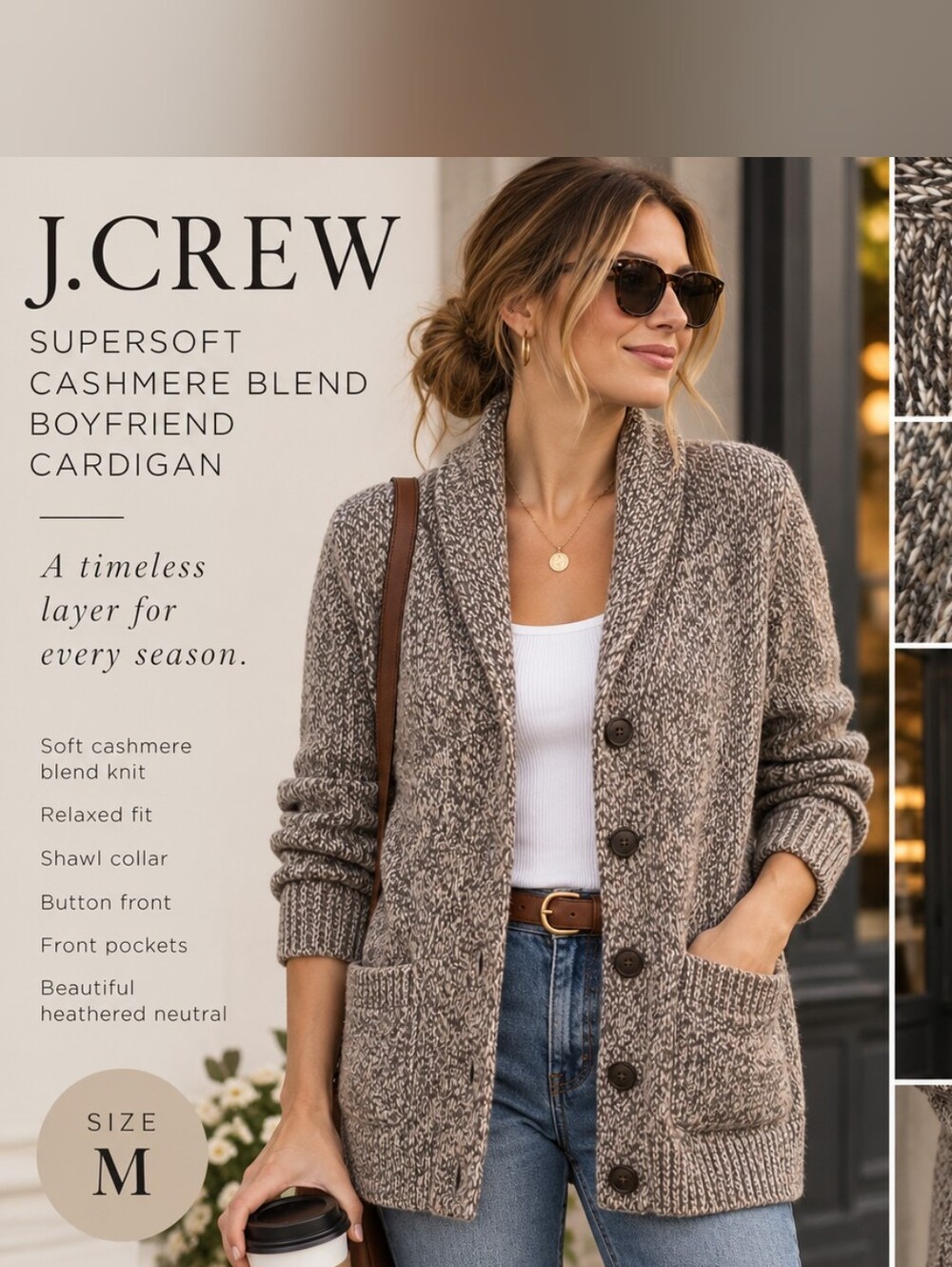 J. Crew Supersoft Cashmere-Blend Marled Taupe Boyfriend Cardigan